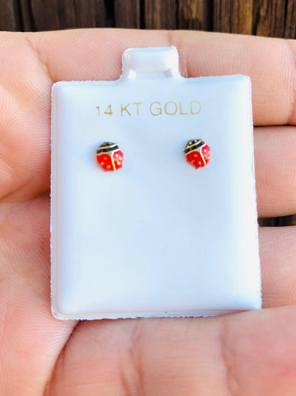 14K Yellow Gold ladybug Earrings Stud Screw Back 5.2mm Aretes de Mariquita en Oro