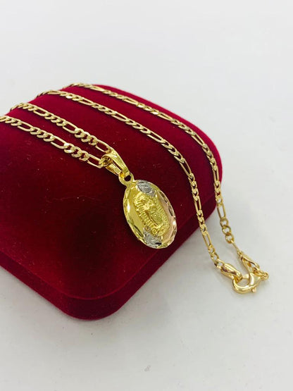 Tri Color Virgen de Guadalupe Pendant Necklace Gold Filled Figaro Chain 20" for Women