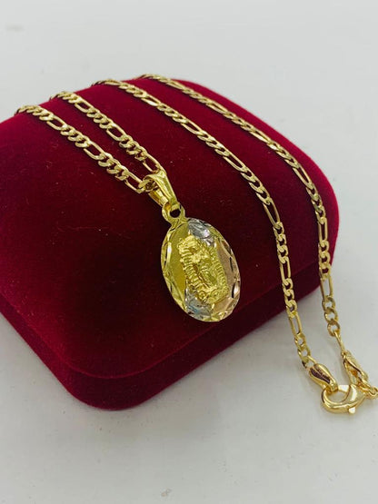 Tri Color Virgen de Guadalupe Pendant Necklace Gold Filled Figaro Chain 20" for Women