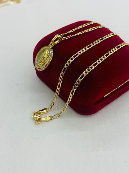 Tri Color Virgen de Guadalupe Pendant Necklace Gold Filled Figaro Chain 20" for Women