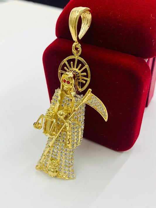 14K Gold Filled Grim Reaper Pendant CZ Dije de la Santa Muerte 2x6"x1.2" Womens Mens