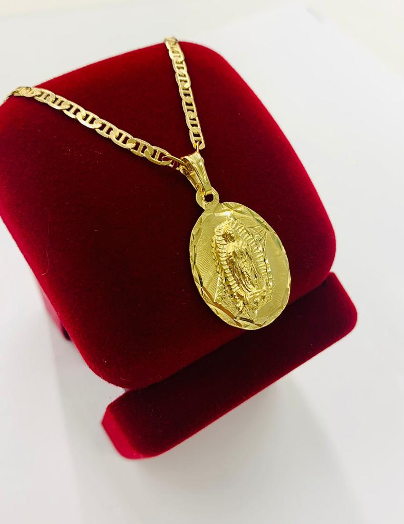 Yellow Gold Filled Virgen de Guadalupe Charm Necklace 20" Womens Mariner Chain 2.5mm