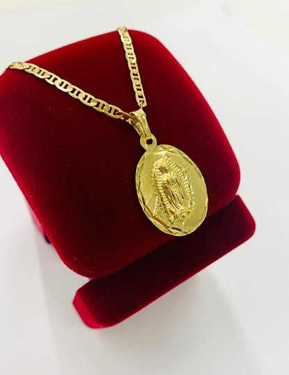 Yellow Gold Filled Virgen de Guadalupe Charm Necklace 20" Womens Mariner Chain 2.5mm