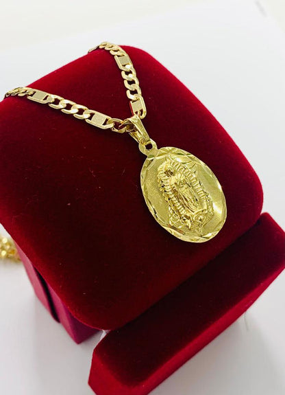 14K Gold Filled All Yellow Virgen de Guadalupe Necklace Pendant 20" Medalla Guadalupe