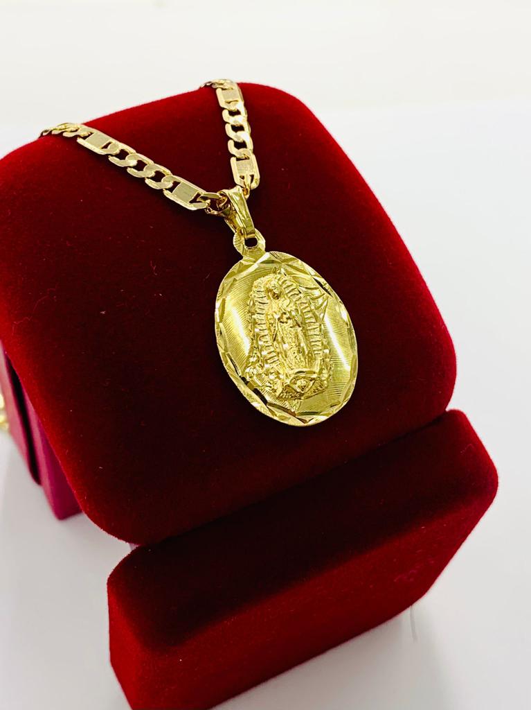14K Gold Filled All Yellow Virgen de Guadalupe Necklace Pendant 20" Medalla Guadalupe