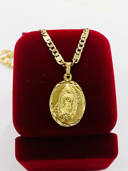 14K Gold Filled All Yellow Virgen de Guadalupe Necklace Pendant 20" Medalla Guadalupe