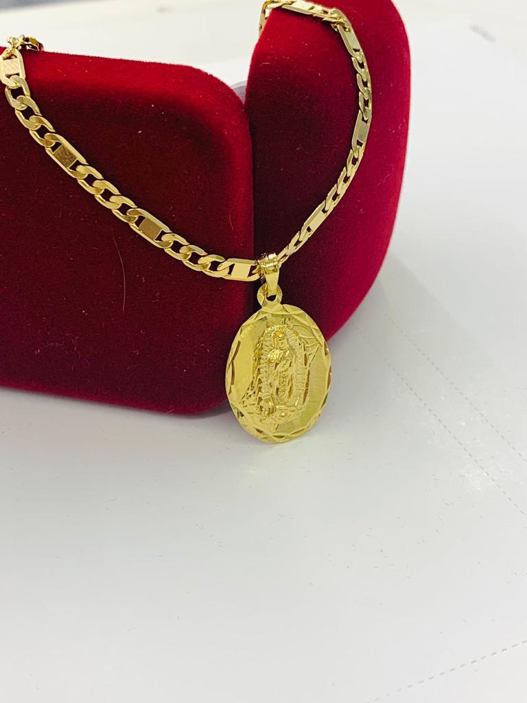 14K Gold Filled All Yellow Virgen de Guadalupe Necklace Pendant 20" Medalla Guadalupe