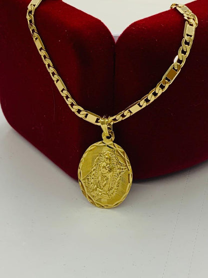 14K Gold Filled All Yellow Virgen de Guadalupe Necklace Pendant 20" Medalla Guadalupe