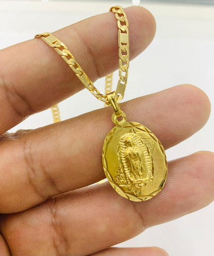 14K Gold Filled All Yellow Virgen de Guadalupe Necklace Pendant 20" Medalla Guadalupe