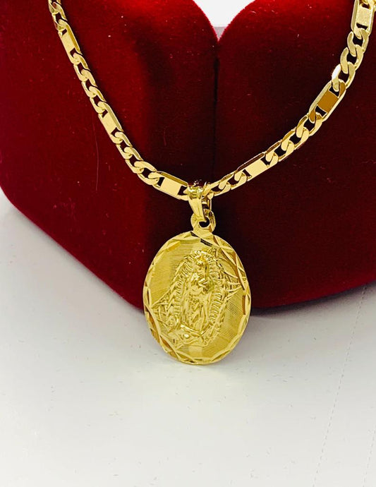 14K Gold Filled All Yellow Virgen de Guadalupe Necklace Pendant 20" Medalla Guadalupe