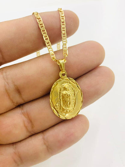 Yellow Gold Filled Virgen de Guadalupe Charm Necklace 20" Womens Mariner Chain 2.5mm