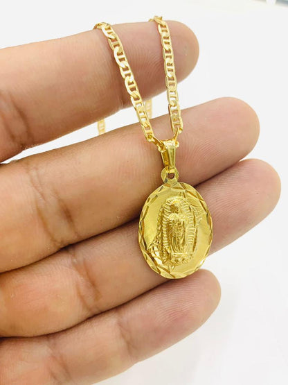 Yellow Gold Filled Virgen de Guadalupe Charm Necklace 20" Womens Mariner Chain 2.5mm