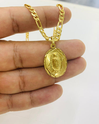 14K Gold Filled Virgen de Guadalupe Necklace Figaro Chain 24" Medalla Guadalupe 26x18