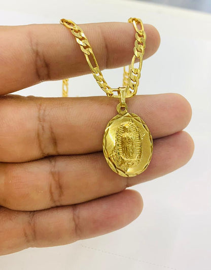 14K Gold Filled Virgen de Guadalupe Necklace Figaro Chain 24" Medalla Guadalupe 26x18