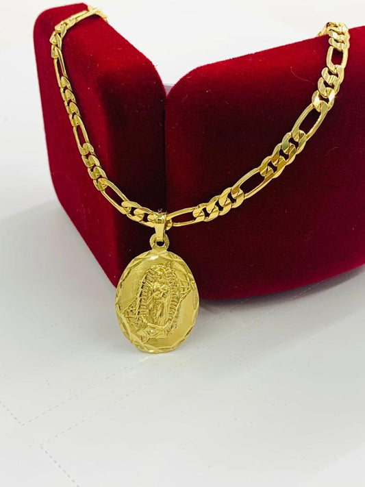 14K Gold Filled Virgen de Guadalupe Necklace Figaro Chain 24" Medalla Guadalupe 26x18