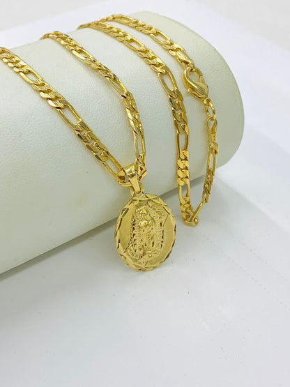 14K Gold Filled Virgen de Guadalupe Necklace Figaro Chain 24" Medalla Guadalupe 26x18