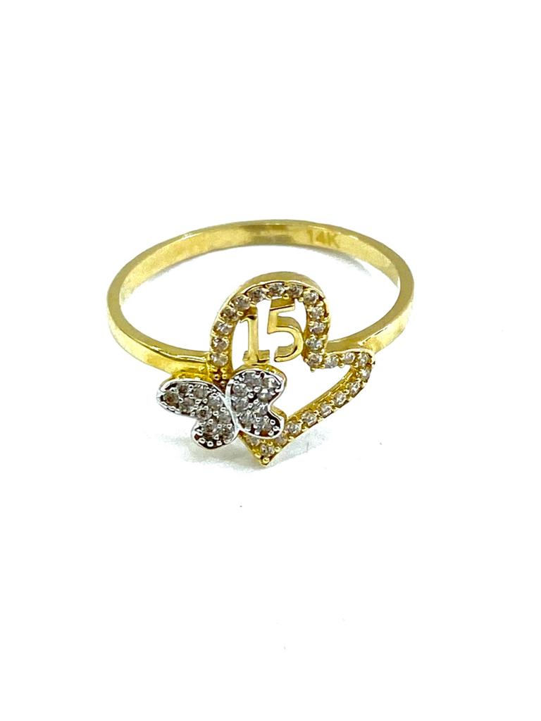 14k Yellow Solid Gold Sweet 15 Ring Heart Butterfly / Ladies Womens Ring #7 Anillo de Quinceanera para Mujer en Oro