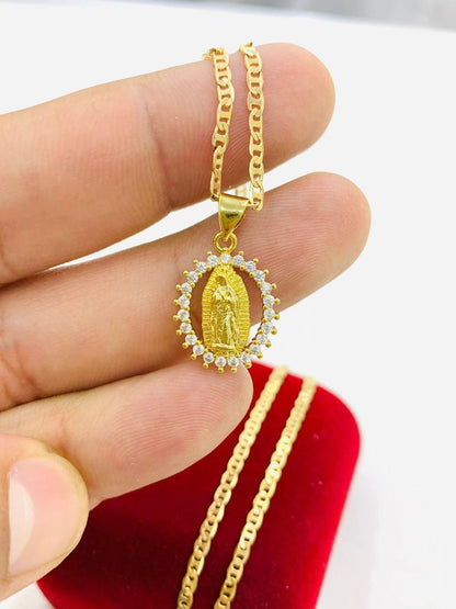 Gold Virgen de Guadalupe Necklace Pendant Medalla y Cadena de Guadalupe Kids Womens Jewelry