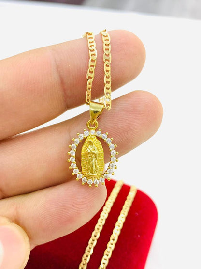 Gold Virgen de Guadalupe Necklace Pendant Medalla y Cadena de Guadalupe Kids Womens Jewelry