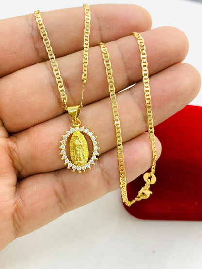 Gold Virgen de Guadalupe Necklace Pendant Medalla y Cadena de Guadalupe Kids Womens Jewelry