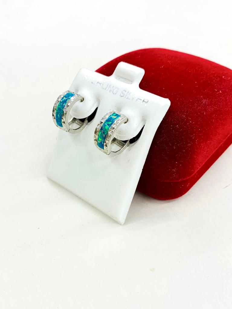 925 Sterling Silver Opal Blue Green Huggies Hoop Earrings 13mm Womens Gifts Fancy Jewelry