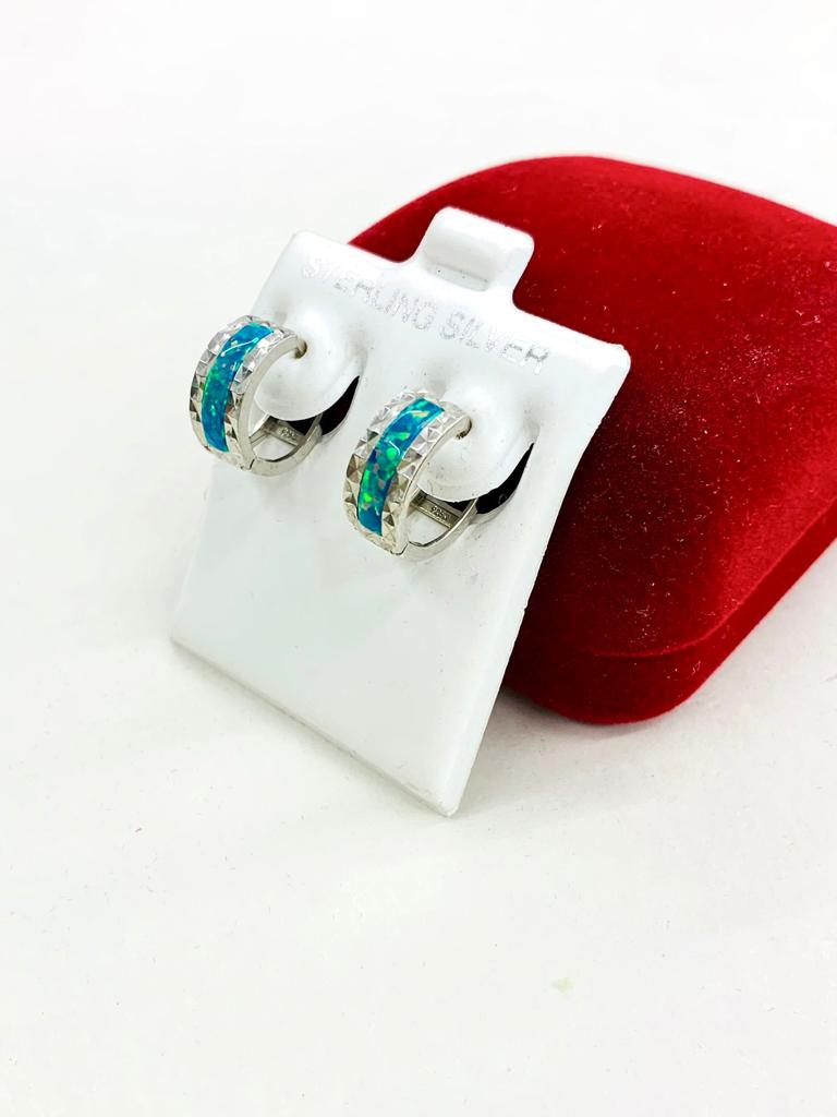 925 Sterling Silver Opal Blue Green Huggies Hoop Earrings 13mm Womens Gifts Fancy Jewelry