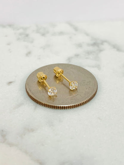 14K Solid Yellow Gold Stud Earrings 3mm / Womens Kids Earrings / Screw Back Earrings / Aretes En Oro Real Mujer y Niños