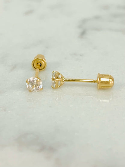 14K Solid Yellow Gold Stud Earrings 3mm / Womens Kids Earrings / Screw Back Earrings / Aretes En Oro Real Mujer y Niños