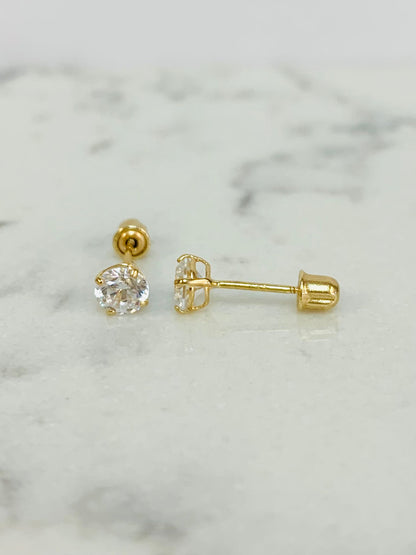 CZ 14K Solid Gold Stud Earrings / Screw Back Earrings / Kids Womens Jewelry / Gold Earrings for Everyday / Aretes en Oro Solido Real con Piedras de Zirconia Para Mujer