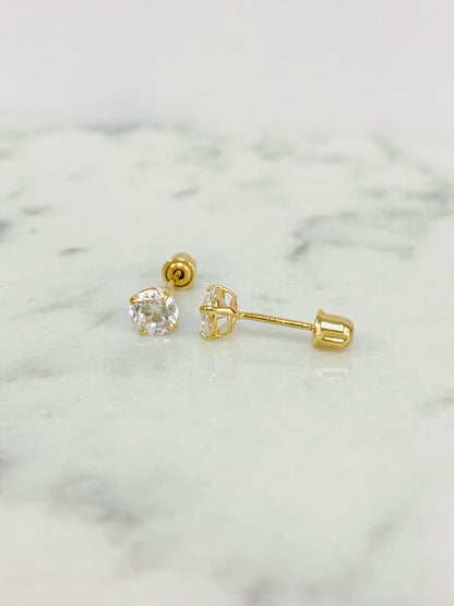 CZ 14K Solid Gold Stud Earrings / Screw Back Earrings / Kids Womens Jewelry / Gold Earrings for Everyday / Aretes en Oro Solido Real con Piedras de Zirconia Para Mujer