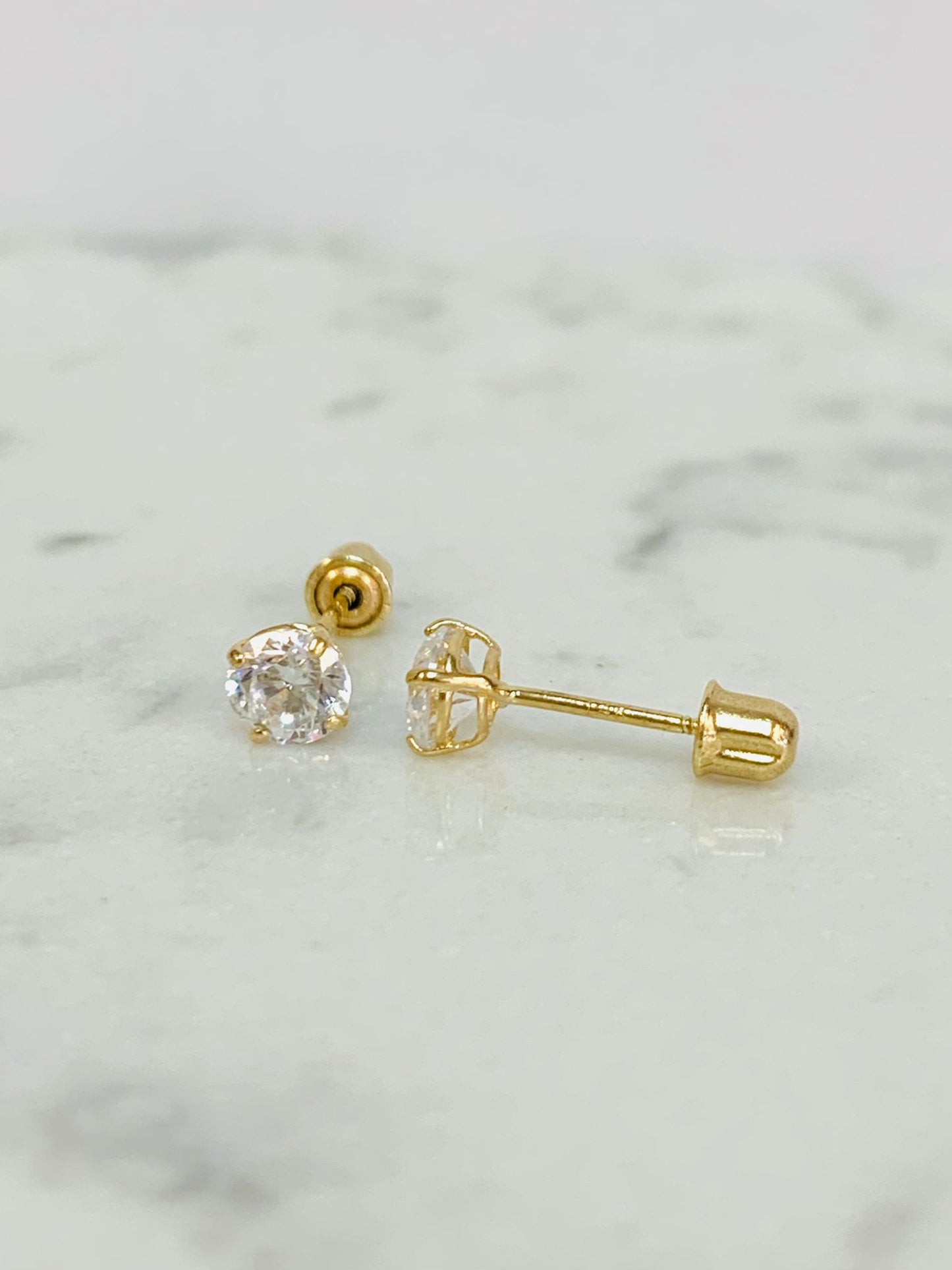 CZ 14K Solid Gold Stud Earrings / Screw Back Earrings / Kids Womens Jewelry / Gold Earrings for Everyday / Aretes en Oro Solido Real con Piedras de Zirconia Para Mujer