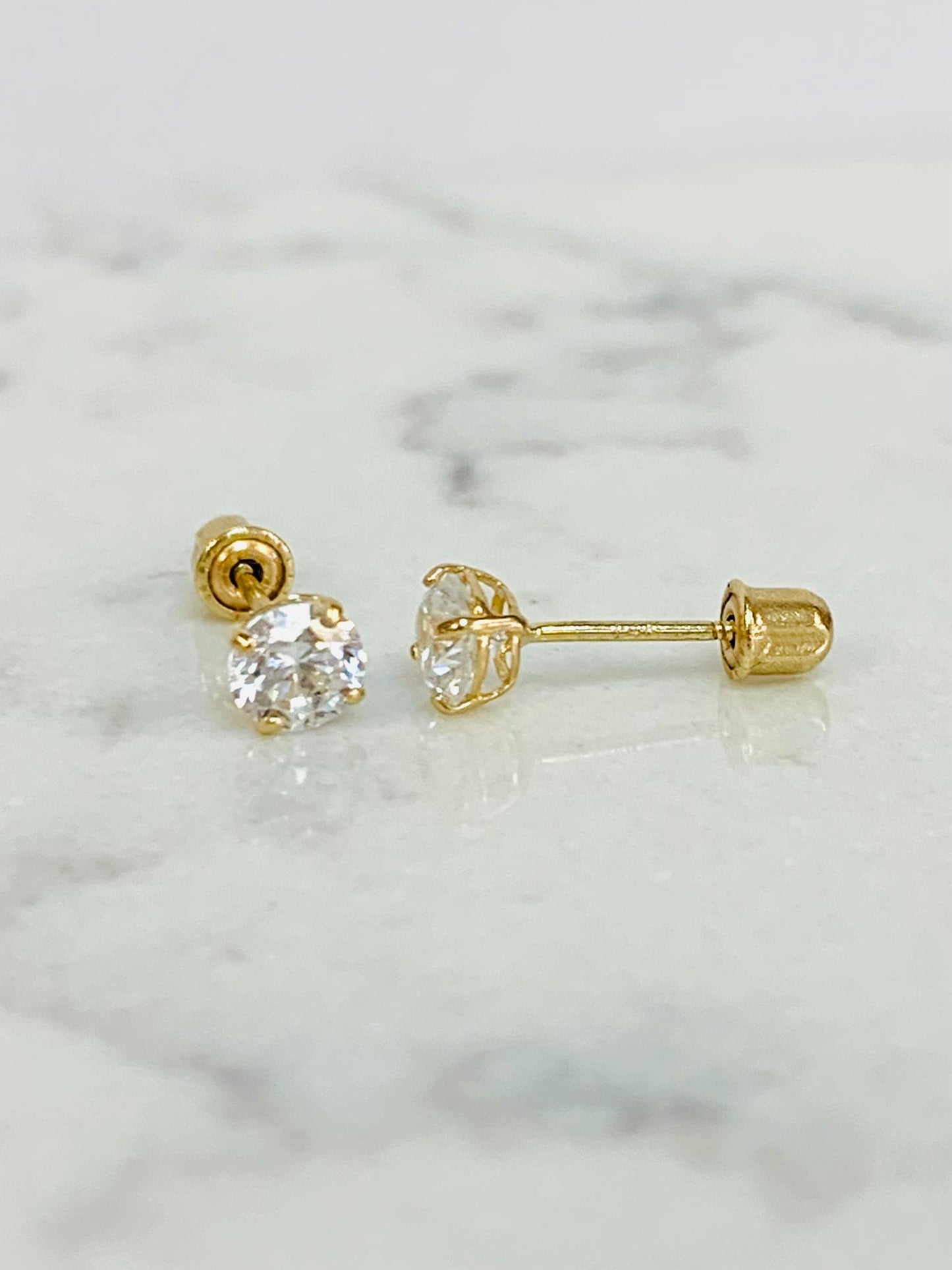 CZ 14K Solid Gold Stud Earrings / Screw Back Earrings / Kids Womens Jewelry / Gold Earrings for Everyday / Aretes en Oro Solido Real con Piedras de Zirconia Para Mujer