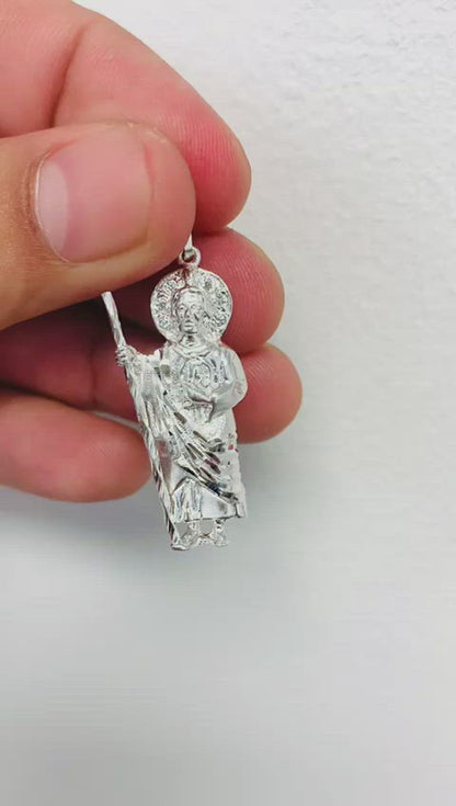 925 Sterling Silver CZ San Judas Pendant 1.5" 5g Unisex / Dije de San Judas en Plata Pura