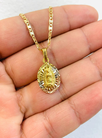 New Virgen de Guadalupe Necklace Valentino Chain Gold Filled Diamond Cut Pendant Tri Color Everyday Necklace / Cadena y Dije de la Guadalupe