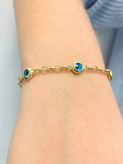 Navy Blue Evil Eye Bracelet For Womens 7.25" - Evil Eye Gold Bracelet - 14K Yellow Gold Bracelet - Everyday Bracelet / Pulsera para Mujer