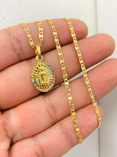 14K Gold Filled Virgen de Guadalupe Necklace with Valentino Chain 20" Guadalupe Pendant 20x13mm Minimalist Pendant / Cadena y Dije Guadalupe