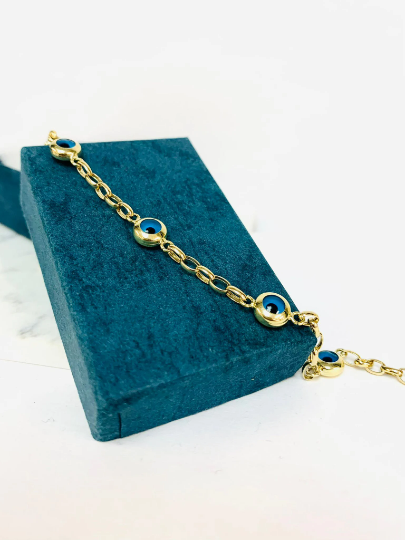 Navy Blue Evil Eye Bracelet For Womens 7.25" - Evil Eye Gold Bracelet - 14K Yellow Gold Bracelet - Everyday Bracelet / Pulsera para Mujer