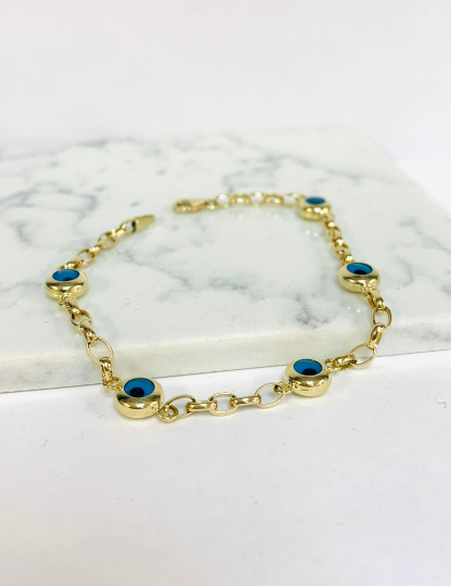 Navy Blue Evil Eye Bracelet For Womens 7.25" - Evil Eye Gold Bracelet - 14K Yellow Gold Bracelet - Everyday Bracelet / Pulsera para Mujer