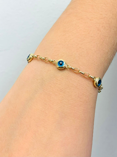 Navy Blue Evil Eye Bracelet For Womens 7.25" - Evil Eye Gold Bracelet - 14K Yellow Gold Bracelet - Everyday Bracelet / Pulsera para Mujer