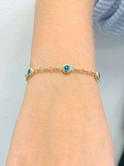 Navy Blue Evil Eye Bracelet For Womens 7.25" - Evil Eye Gold Bracelet - 14K Yellow Gold Bracelet - Everyday Bracelet / Pulsera para Mujer