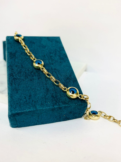 Navy Blue Evil Eye Bracelet For Womens 7.25" - Evil Eye Gold Bracelet - 14K Yellow Gold Bracelet - Everyday Bracelet / Pulsera para Mujer