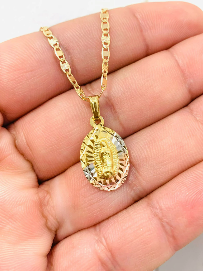 New Virgen de Guadalupe Necklace Valentino Chain Gold Filled Diamond Cut Pendant Tri Color Everyday Necklace / Cadena y Dije de la Guadalupe