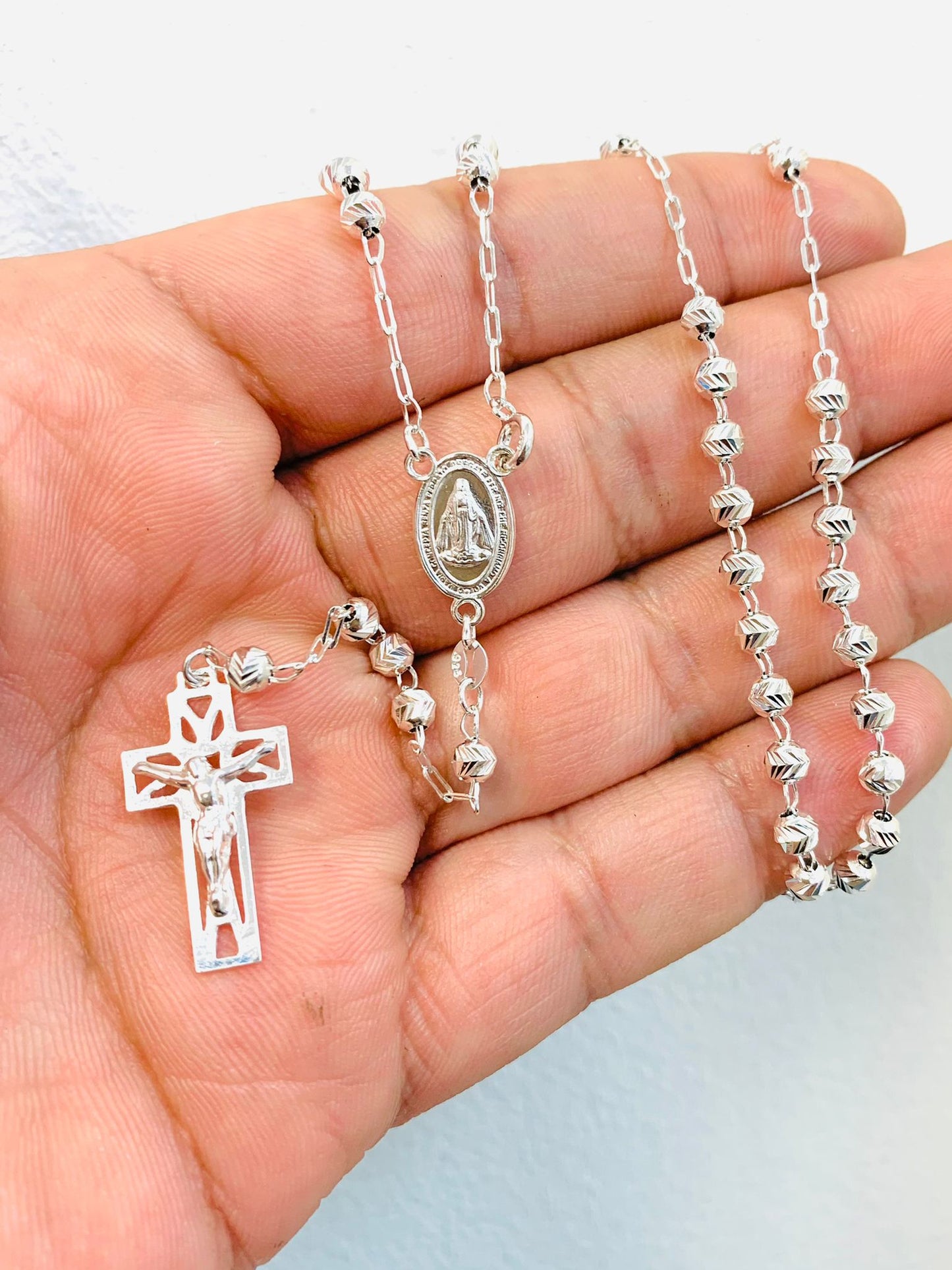 Sterling Silver Virgin Mary Rosary 20" 8g For Womens / Rosario de la Virgen Maria