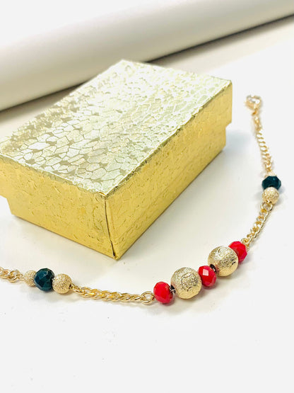 18K Gold Filled Red Green Gold Beads Bracelet / Women’s Bracelet 7.5” / Cuban Link Bracelet / Bracelets / Black Beads / Red Beads / Pulsera para Mujer / Pulsera en Oro Laminado / Womens Jewelry