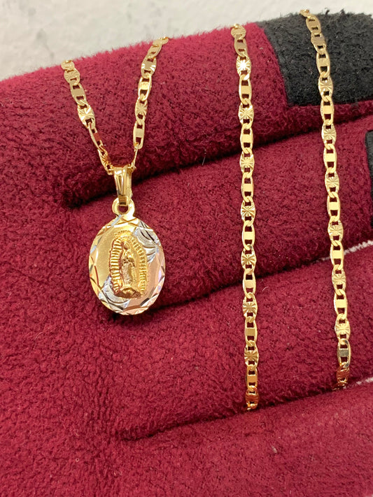 18k Oro Laminado Medalla de Virgen de Guadalupe y Cadena 20" Para Mujer / Tri-Color Gold Filled Guadalupe Necklace 20" / Medalla y Cadena de La Virgen Para Mujer