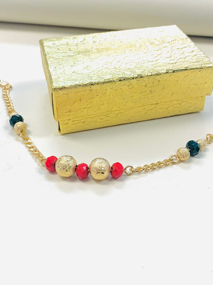 18K Gold Filled Red Green Gold Beads Bracelet / Women’s Bracelet 7.5” / Cuban Link Bracelet / Bracelets / Black Beads / Red Beads / Pulsera para Mujer / Pulsera en Oro Laminado / Womens Jewelry