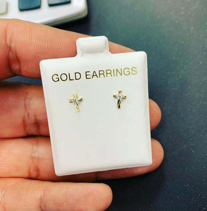 10K Yellow Gold CZ Stones Stud Earrings for Womens Kids Mens Diamond Cut Everyday Earrings/ Aretes de Cruz de Oro Solido para Mujer y Hombre