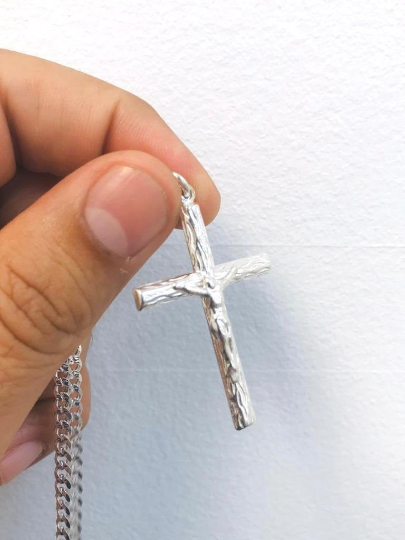 Men's Cross Necklace 24” Rustic Style Cross 925 Sterling Silver Cross Pendant