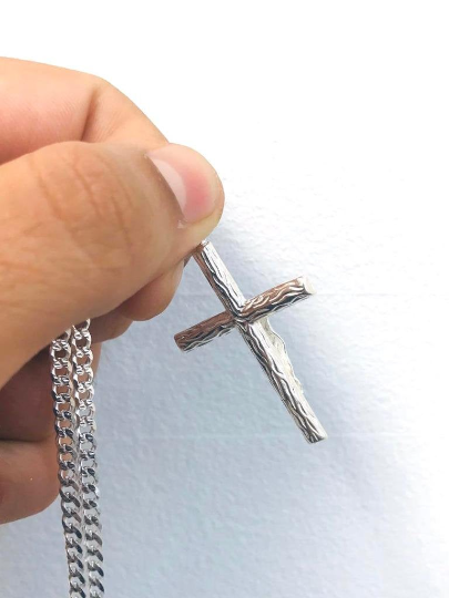 Men's Cross Necklace 24” Rustic Style Cross 925 Sterling Silver Cross Pendant