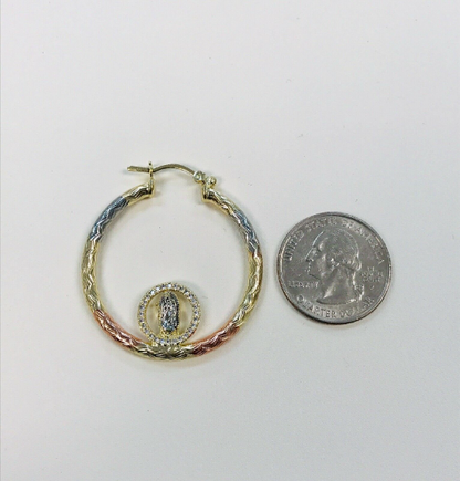 18k Real Gold Filled Tri-Color Virgen de Guadalupe Hoop Earrings 42x38mm